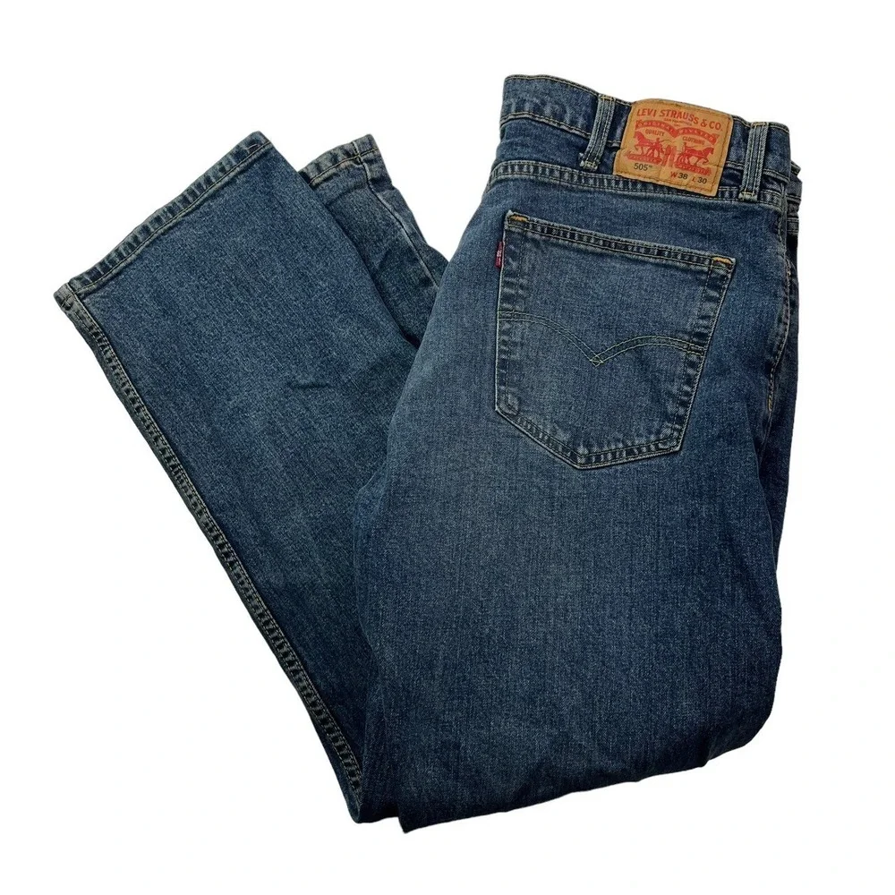 Levis 505 Regular Fit Jeans Mens 38x30 Medium Wash Blue Straight Leg Stretch